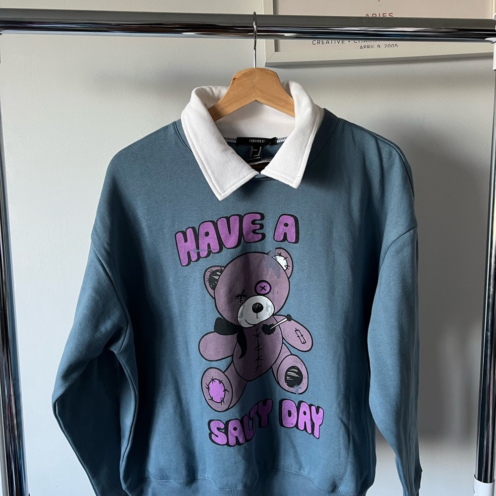 Forever 21 Blue and White Crewneck Sweater with Bear Design